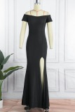 Black Sexy Solid Patchwork Slit Off the Shoulder Evening Dress Dresses