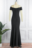 Black Sexy Solid Patchwork Slit Off the Shoulder Evening Dress Dresses