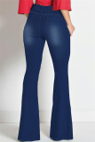 Blue Casual Solid Patchwork Slit High Waist Regular Denim Jeans