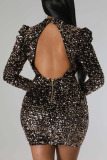 Brown Sexy Solid Hollowed Out Sequins Patchwork Feathers Pencil Skirt Dresses