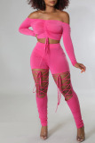 Pink Sexy Solid Bandage Hollowed Out Patchwork Off the Shoulder Long Sleeve Two Pieces