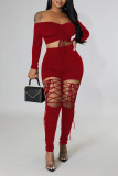 Red Sexy Solid Bandage Hollowed Out Patchwork Off the Shoulder Long Sleeve Two Pieces