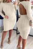 Pink Sexy Casual Solid Backless O Neck Long Sleeve Dresses