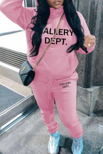 Pink Casual Print Letter Hooded Collar Long Sleeve Two Pieces
