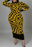 Yellow Casual Plaid Print Patchwork Half A Turtleneck Long Sleeve Plus Size Dresses