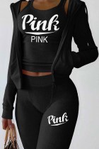 Black Sexy Print Letter Long Sleeve Three Pieces
