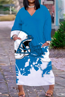 Sky Blue Casual Print Patchwork V Neck Long Sleeve Dresses