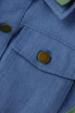 Green Casual Solid Patchwork Buckle Asymmetrical Turndown Collar Long Sleeve Straight Denim Jacket