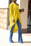 Yellow Casual Solid Patchwork Asymmetrical Oblique Collar Tops