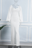 White Casual Solid Patchwork Slit V Neck Long Sleeve Dresses