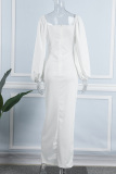 White Casual Solid Patchwork Slit V Neck Long Sleeve Dresses