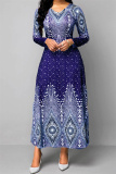 Purple Casual Print Basic O Neck Long Sleeve Dresses
