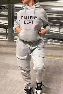Grey Street Print Letter Hooded Collar Long Sleeve Two Pieces