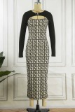 Brown Casual Plaid Hollowed Out O Neck Pencil Skirt Dresses