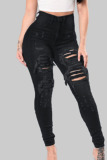 Deep Blue Casual Street Solid Ripped Hollowed Out Patchwork High Waist Denim Jeans