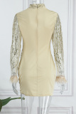 Gold Sexy Patchwork Sequins See-through Half A Turtleneck Long Sleeve Dresses