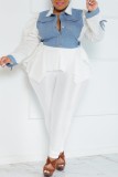 White Casual Patchwork Contrast Turndown Collar Plus Size Two Pieces