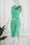 Light Green Sexy Solid Tassel O Neck Sleeveless Two Pieces