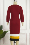 Burgundy Casual Patchwork Contrast O Neck Long Sleeve Dresses