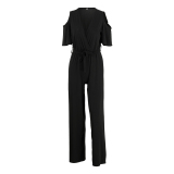 Black Fashion Casual Solid Hollowed Out V Neck Regular Jumpsuits