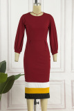Burgundy Casual Patchwork Contrast O Neck Long Sleeve Dresses