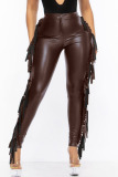Black Sexy Solid Tassel Patchwork Skinny High Waist Pencil Solid Color Bottoms