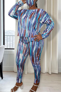 Blue Casual Print Patchwork O Neck Plus Size Two Pieces(WIth A Mask)