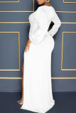 White Sexy Formal Solid Patchwork Slit V Neck Long Sleeve Dresses