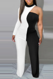 Black White Casual Solid Patchwork O Neck Straight Jumpsuits