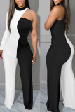 Black White Casual Solid Patchwork O Neck Straight Jumpsuits