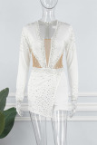 White Sexy Hot Drilling See-through Pearl Bead tube Hot Drill Asymmetrical Collar Skinny Jumpsuits