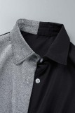 Grey Casual Patchwork Contrast Turndown Collar Regular Jumpsuits