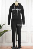 Black Elegant Print Letter Hooded Collar Long Sleeve Two Pieces