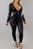 Black Sexy Patchwork Hollowed Out Sequins See-through V Neck Skinny Jumpsuits