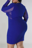 Blue Casual Patchwork Hot Drilling See-through O Neck Long Sleeve Plus Size Dresses