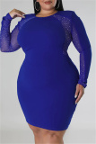 Black Casual Patchwork Hot Drilling See-through O Neck Long Sleeve Plus Size Dresses