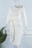 White Elegant Solid Bandage Patchwork Fold Asymmetrical Collar Pencil Skirt Dresses