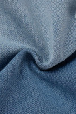 Deep Blue Casual Solid Ripped Patchwork Turndown Collar Long Sleeve Regular Denim Jacket