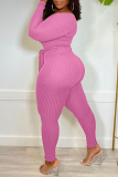 Pink Casual Solid Patchwork V Neck Skinny Jumpsuits