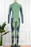 Green Casual Sportswear Print Patchwork Zipper Cardigan Collar Long Sleeve Two Pieces