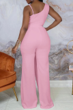 Pink Casual Solid Patchwork V Neck Straight Jumpsuits