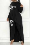 Black Casual Letter Print Asymmetrical O Neck Long Sleeve Two Pieces