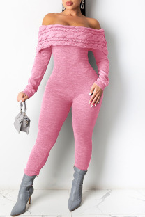 Pink Street Solid Patchwork Off the Shoulder Skinny Jumpsuits
