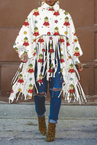 White Red Casual Print Tassel Patchwork Turtleneck Tops