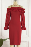 Rose Red Elegant Solid Patchwork Flounce Off the Shoulder One Step Skirt Dresses