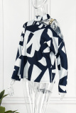 Tibetan Blue Casual Print Hollowed Out Turtleneck Tops