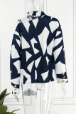 Tibetan Blue Casual Print Hollowed Out Turtleneck Tops