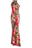 Rose Red Sexy Print Hollowed Out Patchwork Halter Straight Dresses