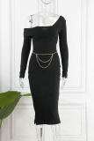 Black Casual Solid Patchwork Oblique Collar One Step Skirt Dresses (With Waist Chain)