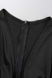 Black Sexy Formal Solid Patchwork Slit V Neck Long Sleeve Dresses